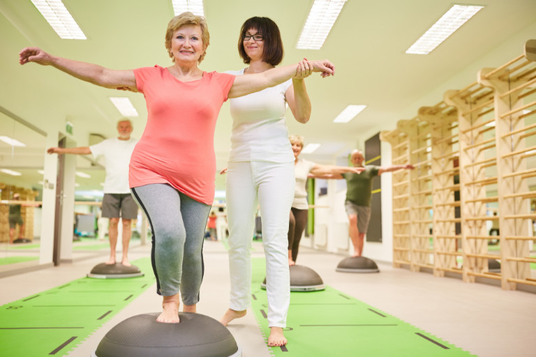 Balance exercises performed during a physiotherapy session